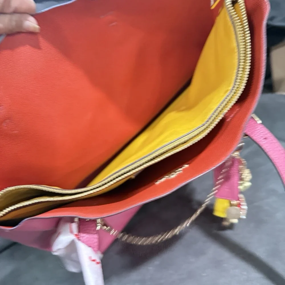 Coach Mollie Tote Pink Pebbled Leather Zip Top Shoulder Bag Gold Straw Topper